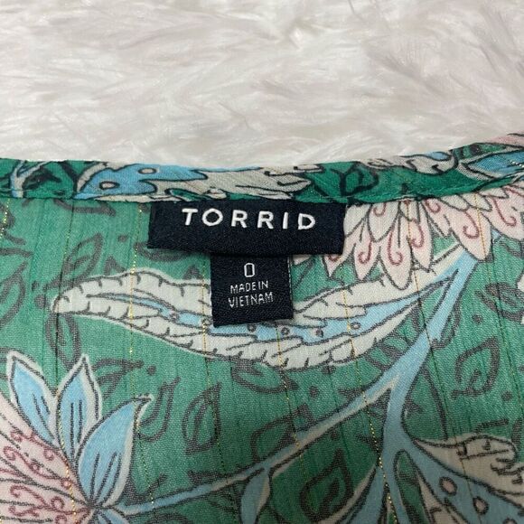 Torrid Blouse Green Floral Sheer Size 0 (Large) Balloon Sleeve Loose Fit - Picture 4 of 11
